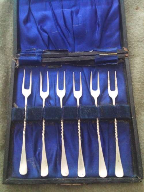 ART DECO hallmarked silver olive/ pickle cocktail forks. Very rare set.