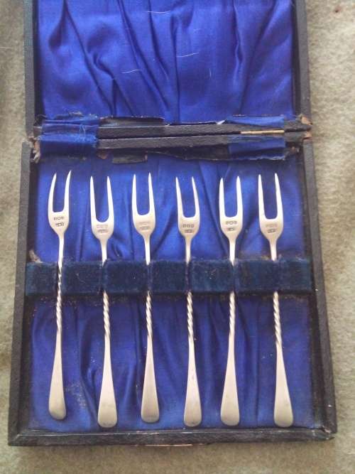 ART DECO hallmarked silver olive/ pickle cocktail forks. Very rare set.