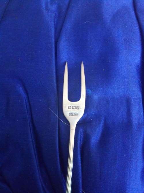 ART DECO hallmarked silver olive/ pickle cocktail forks. Very rare set.