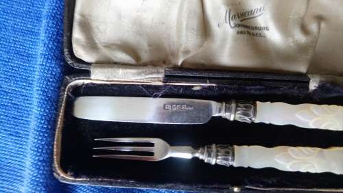 Hallmarked silver child's knife and fork set.