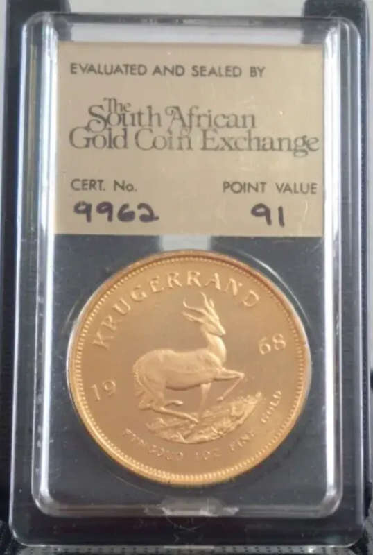 RARE SLABBED 1968 SOUTH AFRICA GOLD ONE OUNCE KRUGERRAND COIN IN MINT CONDITION