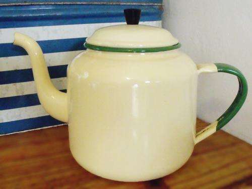 Vintage Cream Enamel Tea Pot with Green Trim