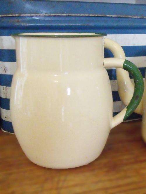 Vintage Cream Enamel Jug with Green Trim