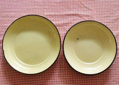Two Yellow Enamel Plates with Black Trim