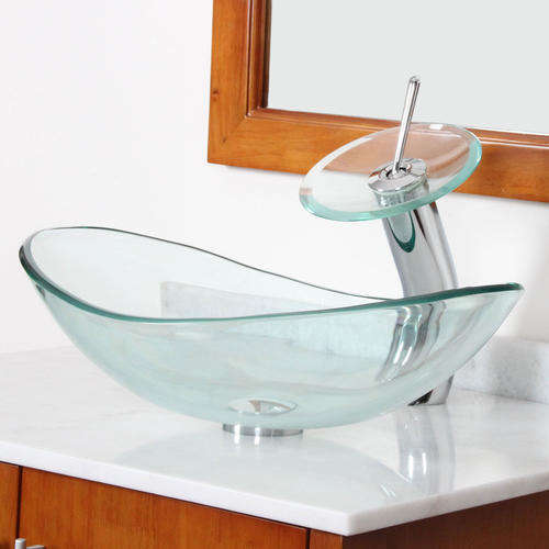 ClearTempered Glass Basin (gondola shape) + Waterfall mixer +free mounting ring+free pop up