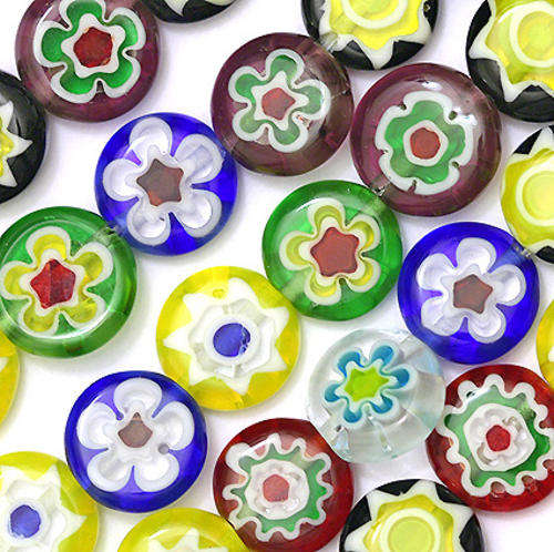MILLEFIORI GLASS BEADS FLOWER COIN 10MM , Blue