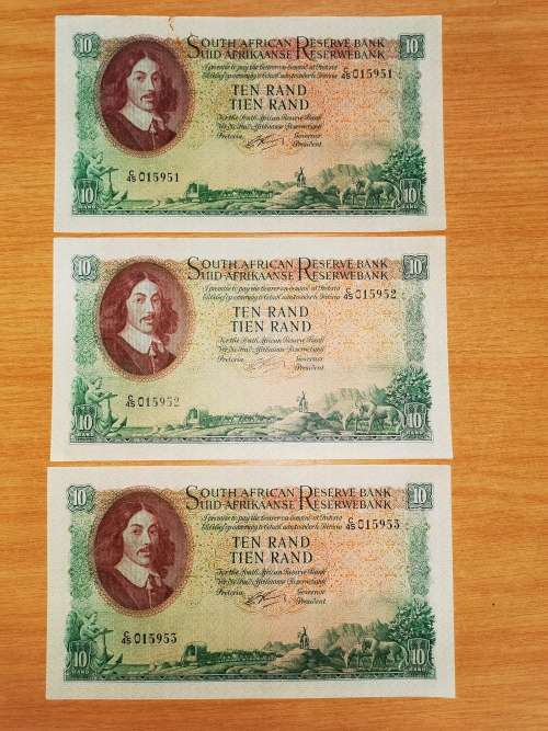 S.A. Bank Note: G.RISSIK : TEN RAND/ TIEN RAND IN CONSECUTIVE NUMBERS HIGH GRADE