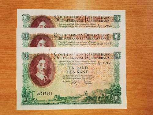 S.A. Bank Note: G.RISSIK : TEN RAND/ TIEN RAND IN CONSECUTIVE NUMBERS HIGH GRADE