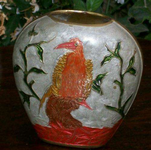 EASTERN CLOISONNE ON BRASS VASE