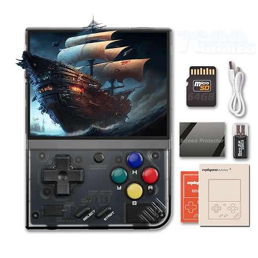 Miyoo Mini+ V3 Plus: 3.5-Inch Retro Handheld Game Console - Black Transparent 64 Gb