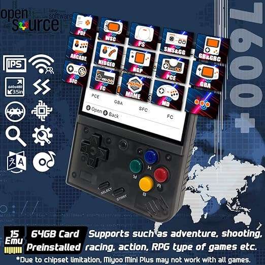 Miyoo Mini+ V3 Plus: 3.5-Inch Retro Handheld Game Console - Black Transparent 64 Gb