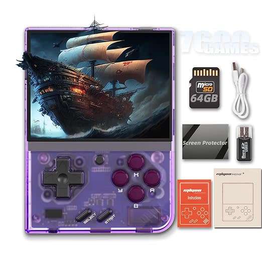 Miyoo Mini+ V3 Plus: 3.5-Inch Retro Handheld Game Console - Purple Transparent 64 Gb