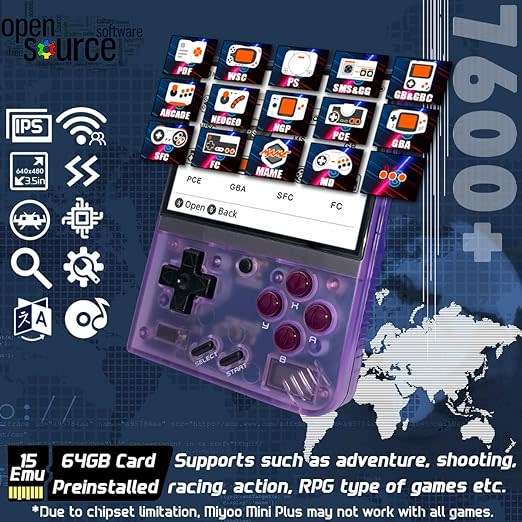 Miyoo Mini+ V3 Plus: 3.5-Inch Retro Handheld Game Console - Purple Transparent 64 Gb