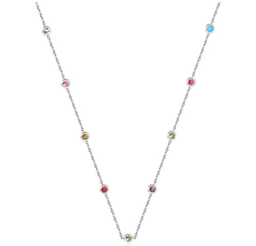 Silver Colour Stainless Steel with Multi-Colour Stone Necklace   - 57cm + 5cm Extender
