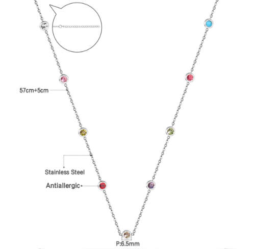 Silver Colour Stainless Steel with Multi-Colour Stone Necklace   - 57cm + 5cm Extender
