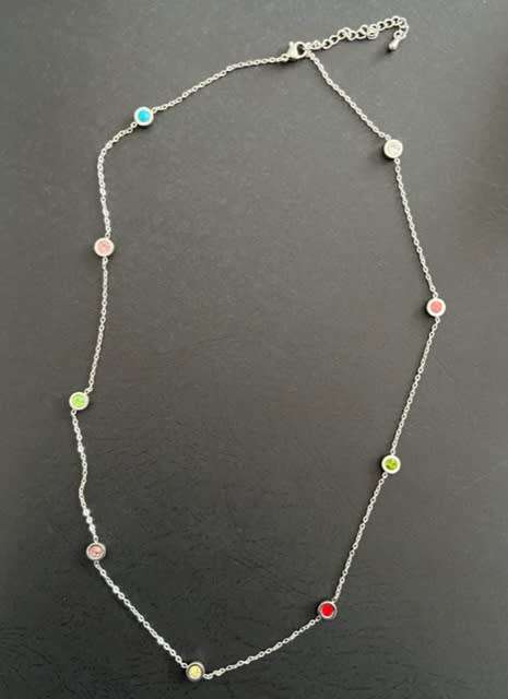 Silver Colour Stainless Steel with Multi-Colour Stone Necklace   - 57cm + 5cm Extender
