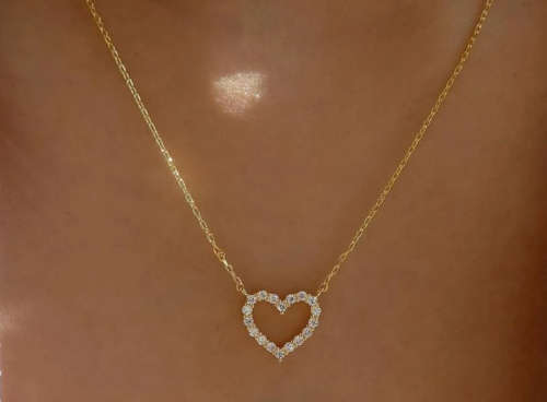 Yellow Gold Colour Rhinestone Heart Zinc Alloy Fashion Necklace with Jewellery Gift Box