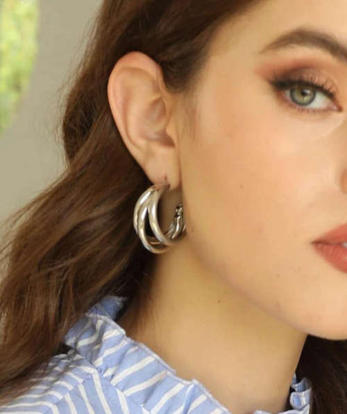 Dark Silver Colour Trio Hoop Metal Earrings
