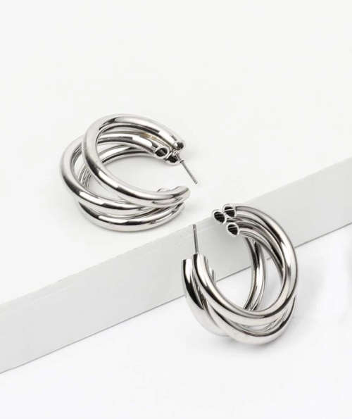 Dark Silver Colour Trio Hoop Metal Earrings