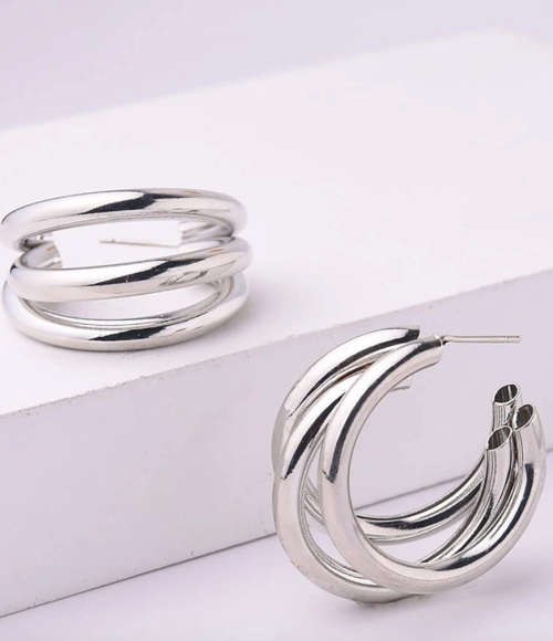 Dark Silver Colour Trio Hoop Metal Earrings