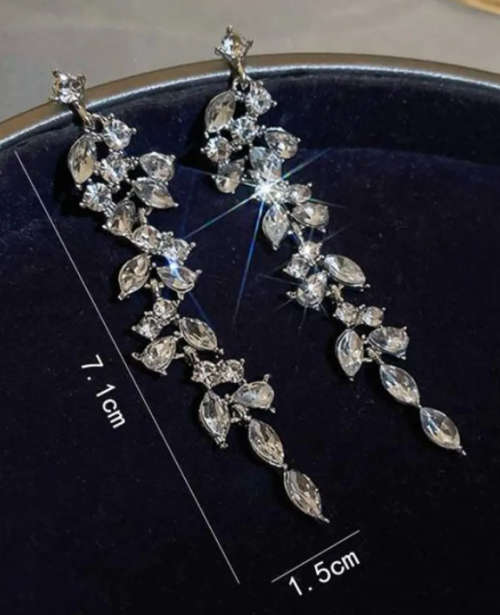Gorgeous Bling Super Long Leaf Design Drop Cubic Zirconia Earrings