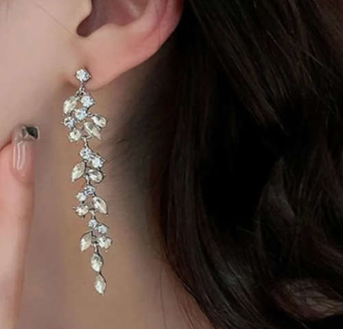 Gorgeous Bling Super Long Leaf Design Drop Cubic Zirconia Earrings