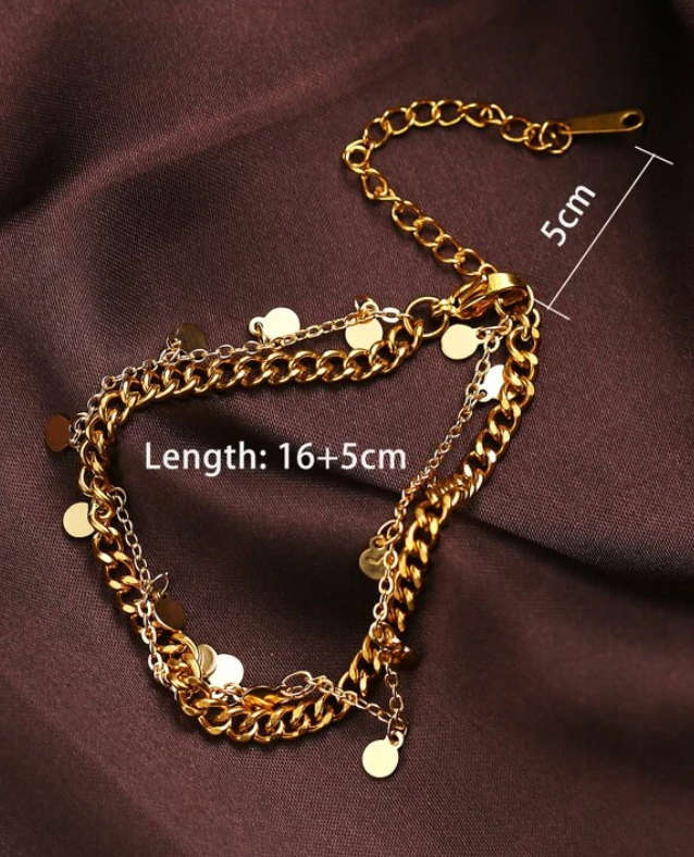 Disc Charm Layered Gold Stainless Steel Bracelet- Comes in high quality velvet jewellery gift box