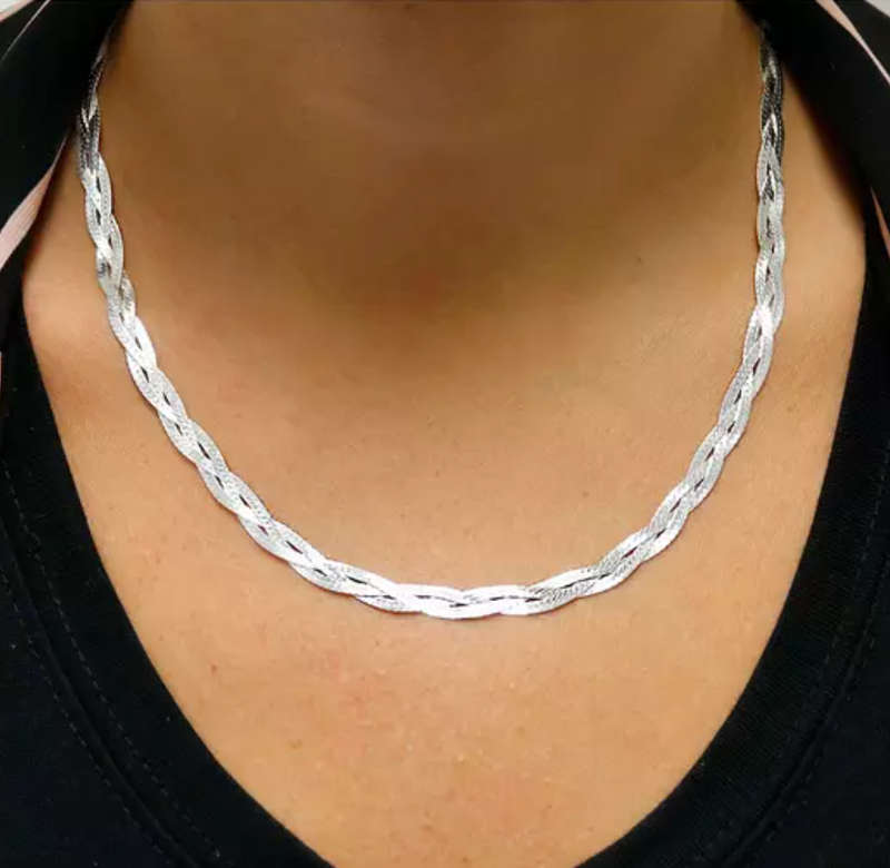 Silver Colour Intertwined Herringbone Snake Plaited Necklace - Stainless Steel