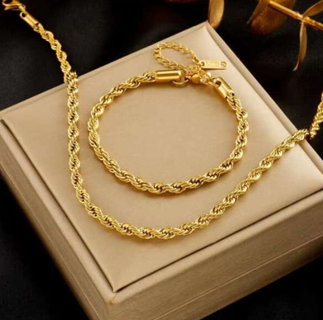 Gold Stainless Steel Rope Necklace and Bracelet Set in High Quality Velvet Jewellery Box