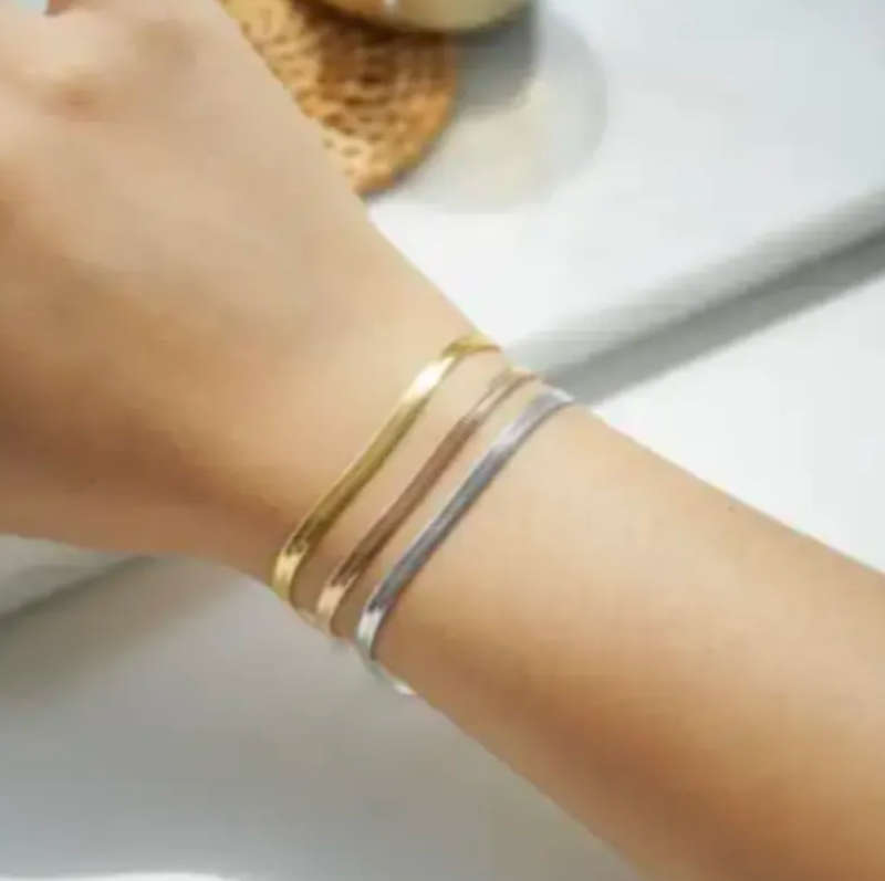 Set of 3 Herringbone / Flat Snake Bracelets in Gold, Silver and Rose Gold in Velvet Jewellery Box
