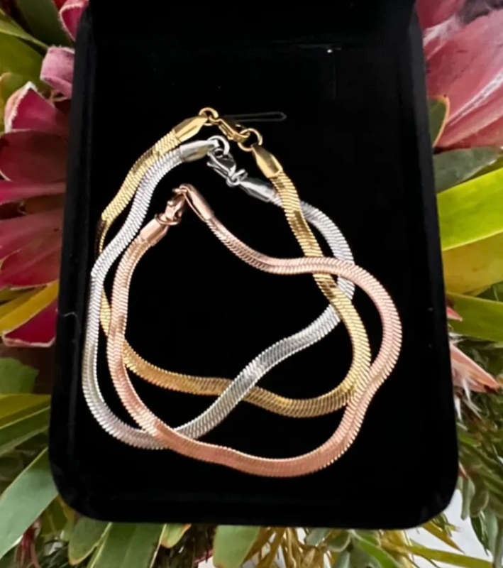 Set of 3 Herringbone / Flat Snake Bracelets in Gold, Silver and Rose Gold in Velvet Jewellery Box