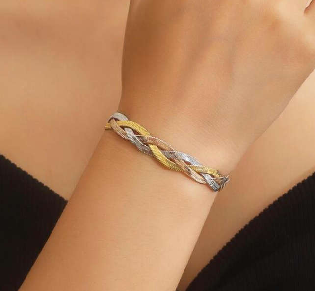 Trio Plaited Gold Rose and Silver  Colour Stainless Steel Bracelet