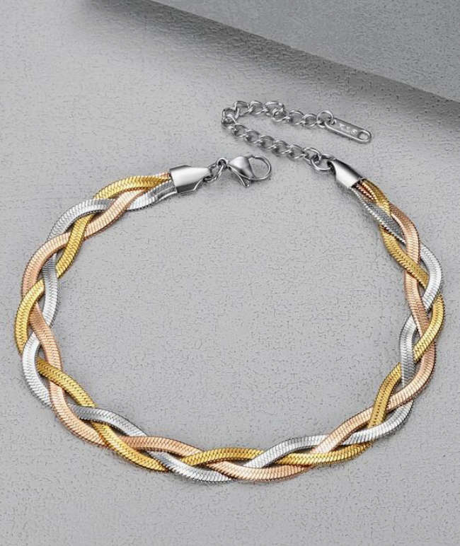Trio Plaited Gold Rose and Silver  Colour Stainless Steel Bracelet