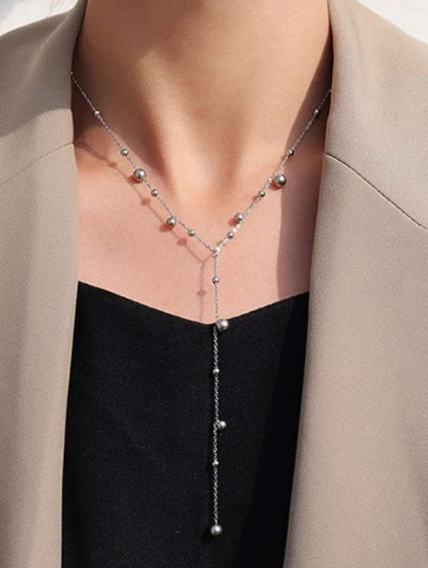 Silver Colour Beaded Y Lariat Stainless Steel Necklace in high quality Velvet Jewellery Gift Box