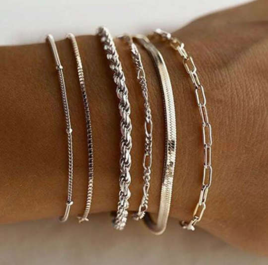 Set of 6 Silver Stainless Steel Non Tarnish Bracelets in High Quality Velvet Jewellery Gift Box