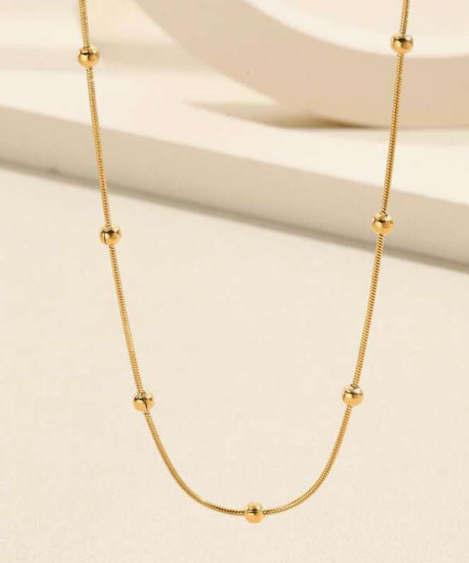 18K Gold Plated Bohemian Round Beaded Snake Bone Stainless Steel Necklace