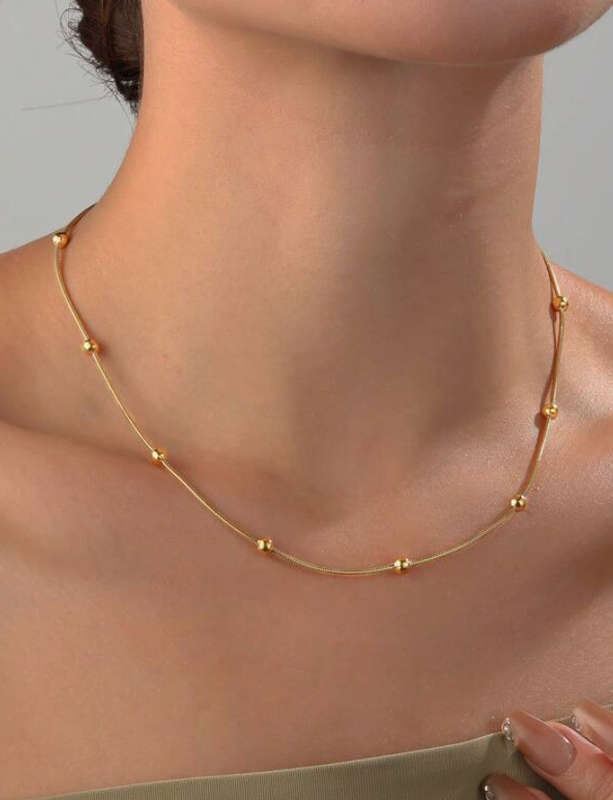 18K Gold Plated Bohemian Round Beaded Snake Bone Stainless Steel Necklace