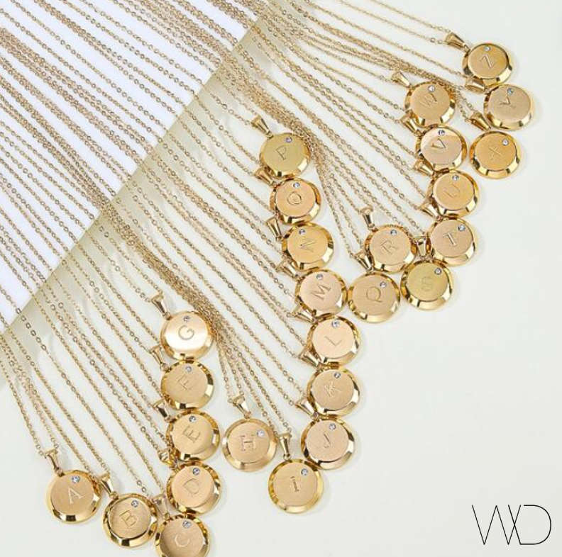 Gold Plated Stainless Steel Initial Letter Round Pendant Necklaces