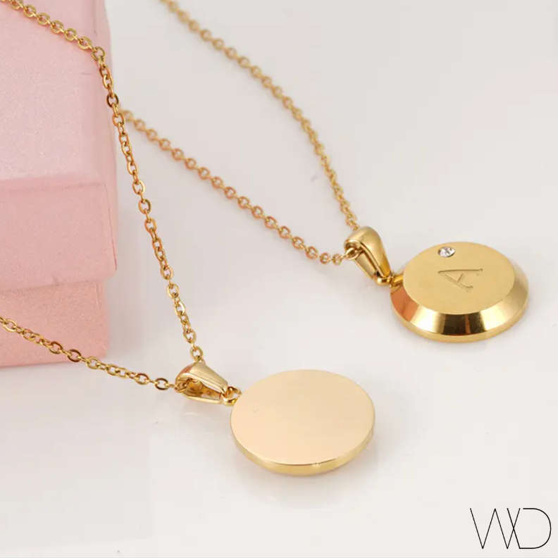Gold Plated Stainless Steel Initial Letter Round Pendant Necklaces