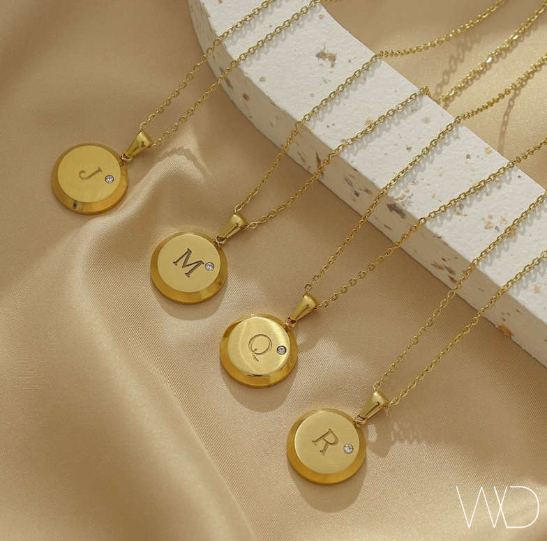 Gold Plated Stainless Steel Initial Letter Round Pendant Necklaces