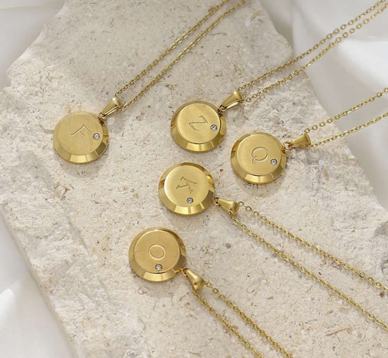 Gold Plated Stainless Steel Initial Letter Round Pendant Necklaces