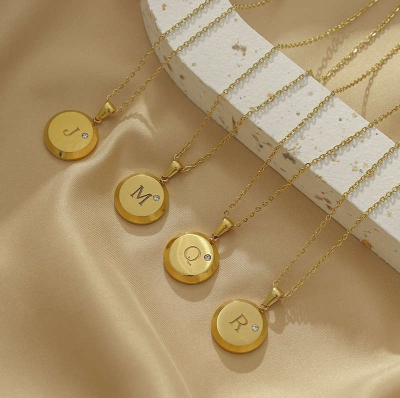 Gold Plated Stainless Steel Initial Letter Round Pendant Necklaces