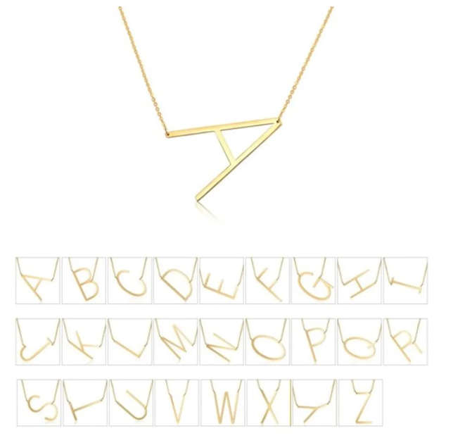 Gold Colour Large Sideways Stainless Steel Initial Letter Necklaces