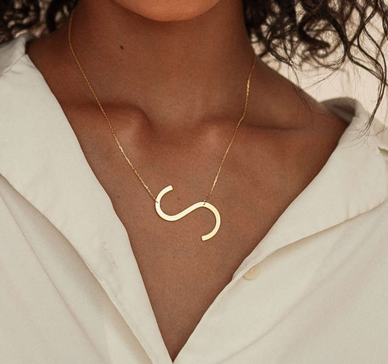 Gold Colour Large Sideways Stainless Steel Initial Letter Necklaces