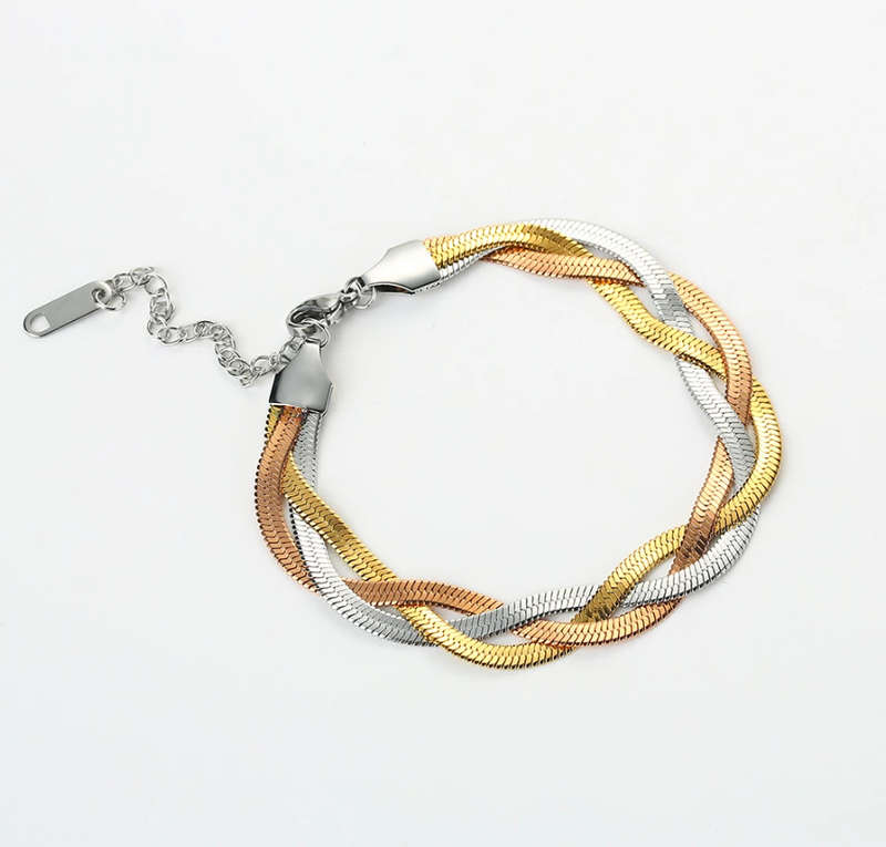 Trio of Gold Rose and Silver  Colour Stainless Steel Bracelet and Necklace Set