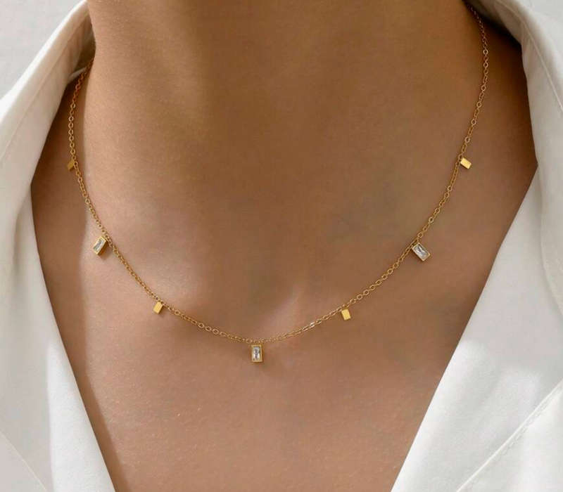 Gold Rectangular Rhinestone Detail Stainless Steel Charm Drops Necklace