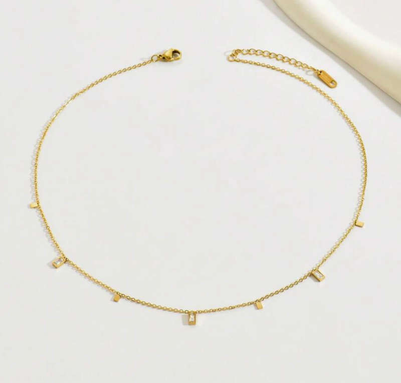 Gold Rectangular Rhinestone Detail Stainless Steel Charm Drops Necklace