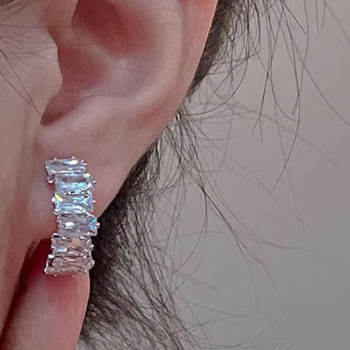 Silver Colour Stainless Steel Curved Rhinestone Earrings with Clear Rubber Back Closure