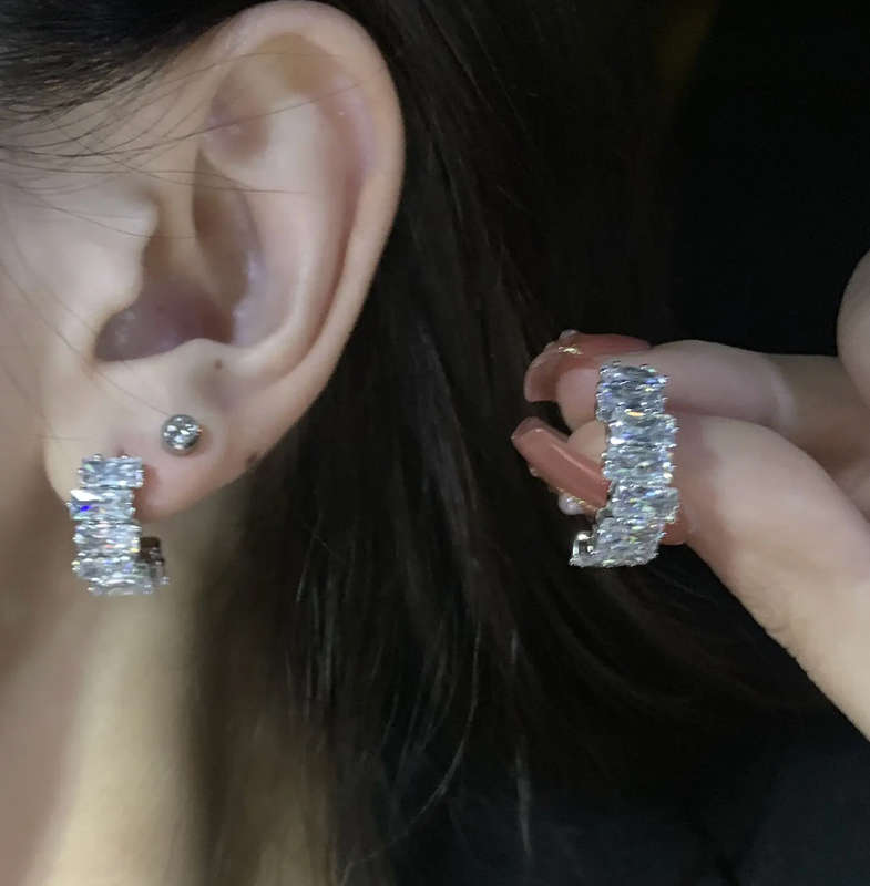 Silver Colour Stainless Steel Curved Rhinestone Earrings with Clear Rubber Back Closure