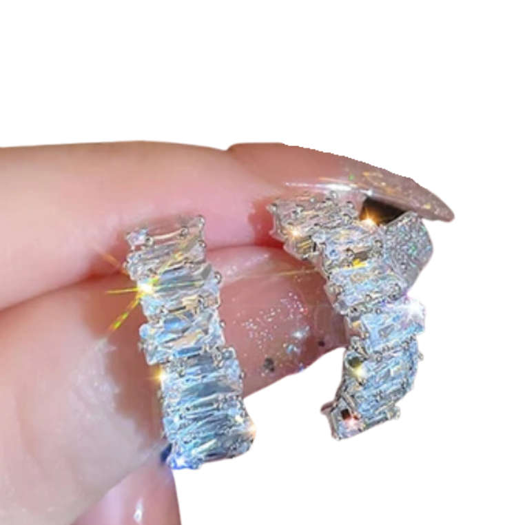 Silver Colour Stainless Steel Curved Rhinestone Earrings with Clear Rubber Back Closure